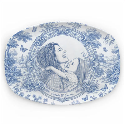 Mom & Kid A Bond That Can’t Be Broken - Personalized Platter, Gift For Mom, Grandma, Drawing Portrait From Photo