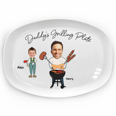 Daddy's Grilling Plate - Personalized Plate, Custom Face Grilling Platter, Daddy's Grilling Plate with Kid's Names, BBQ Platter, 2026 Fathers Day Gift, Funny Gift for Papa Grandpa