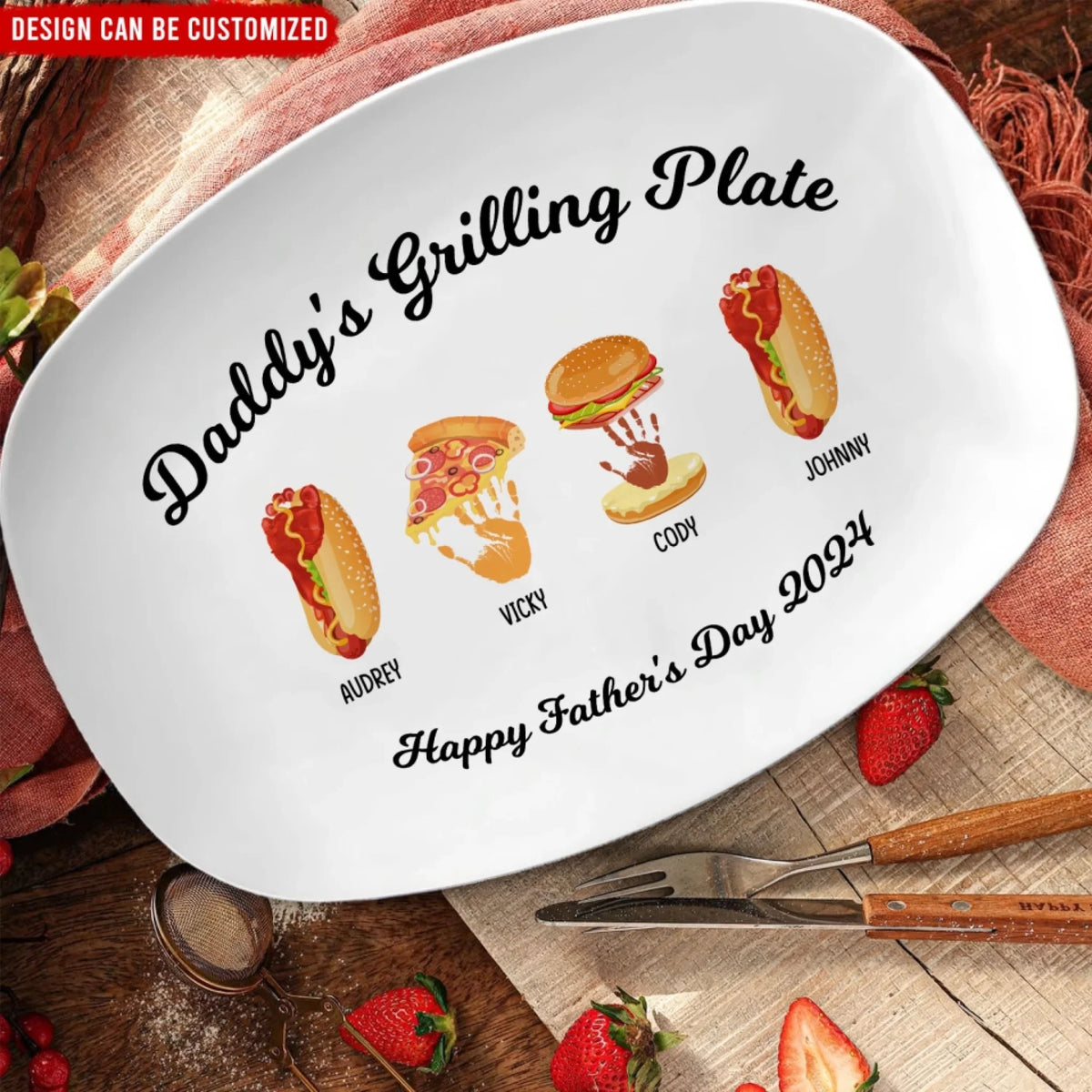 Burger, Hot Dog, Handprint Footprint Grilling - Personalized Custom Platter, Custom Father's Day/Birthday Gift from Kids - PL01