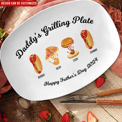 Burger, Hot Dog, Handprint Footprint Grilling - Personalized Custom Platter, Custom Father's Day/Birthday Gift from Kids - PL01
