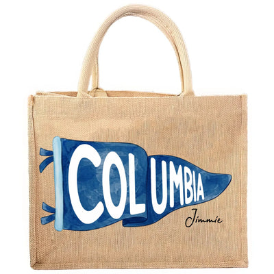 College Pennant - Personalized Jute Tote Bag, Tote Bag With Name, School Spirit Striped Tote, Custom College Team Bag, Graduation Gift For Student