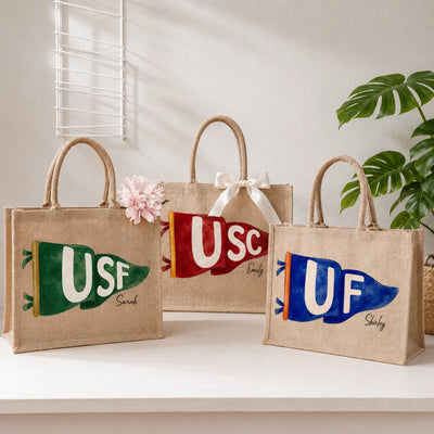 College Pennant - Personalized Jute Tote Bag, Tote Bag With Name, School Spirit Striped Tote, Custom College Team Bag, Graduation Gift For Student