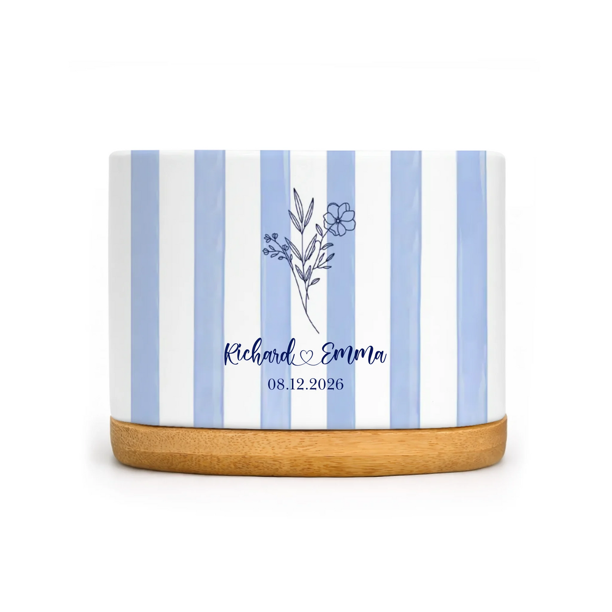 Our Love Grows Here - Personalized Plant Pot, Blue Stripe Plant Pot Gift For Couple, Minimalist Wedding Keepsake Plant Pot