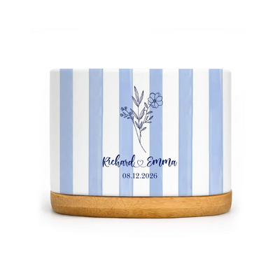 Our Love Grows Here - Personalized Plant Pot, Blue Stripe Plant Pot Gift For Couple, Minimalist Wedding Keepsake Plant Pot