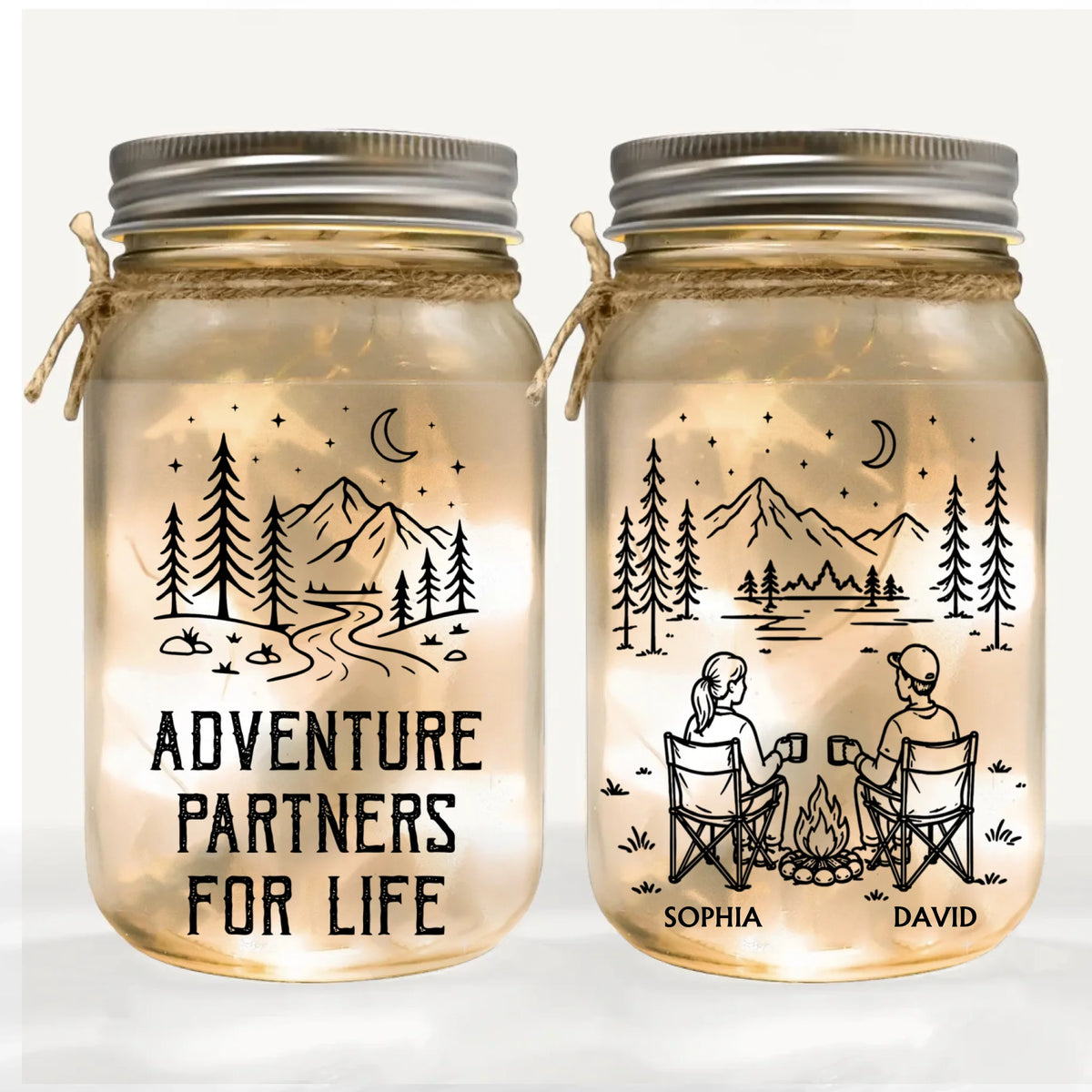 Husband And Wife Adventure Partners For Life - Personalized Mason Jar Light, Gift For Camping Lovers, Camping Couple