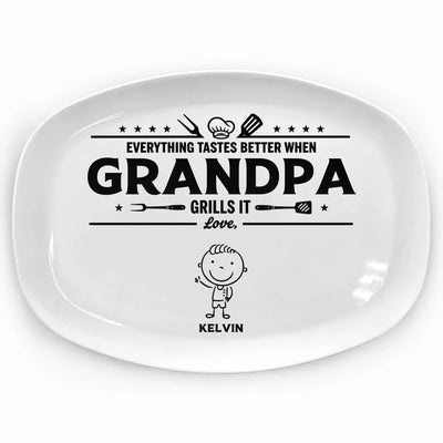 Everything Tastes Better When Grandpa Grills It - Personalized Platter, Gift For Dad, Grandpa, BBQ Lovers Gift, Father's Day Plate Gift