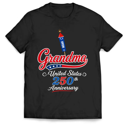 Patriotic Grandma - Personalized T-Shirt, Custom Name Fireworks Tee, United States 250th Anniversary Celebration