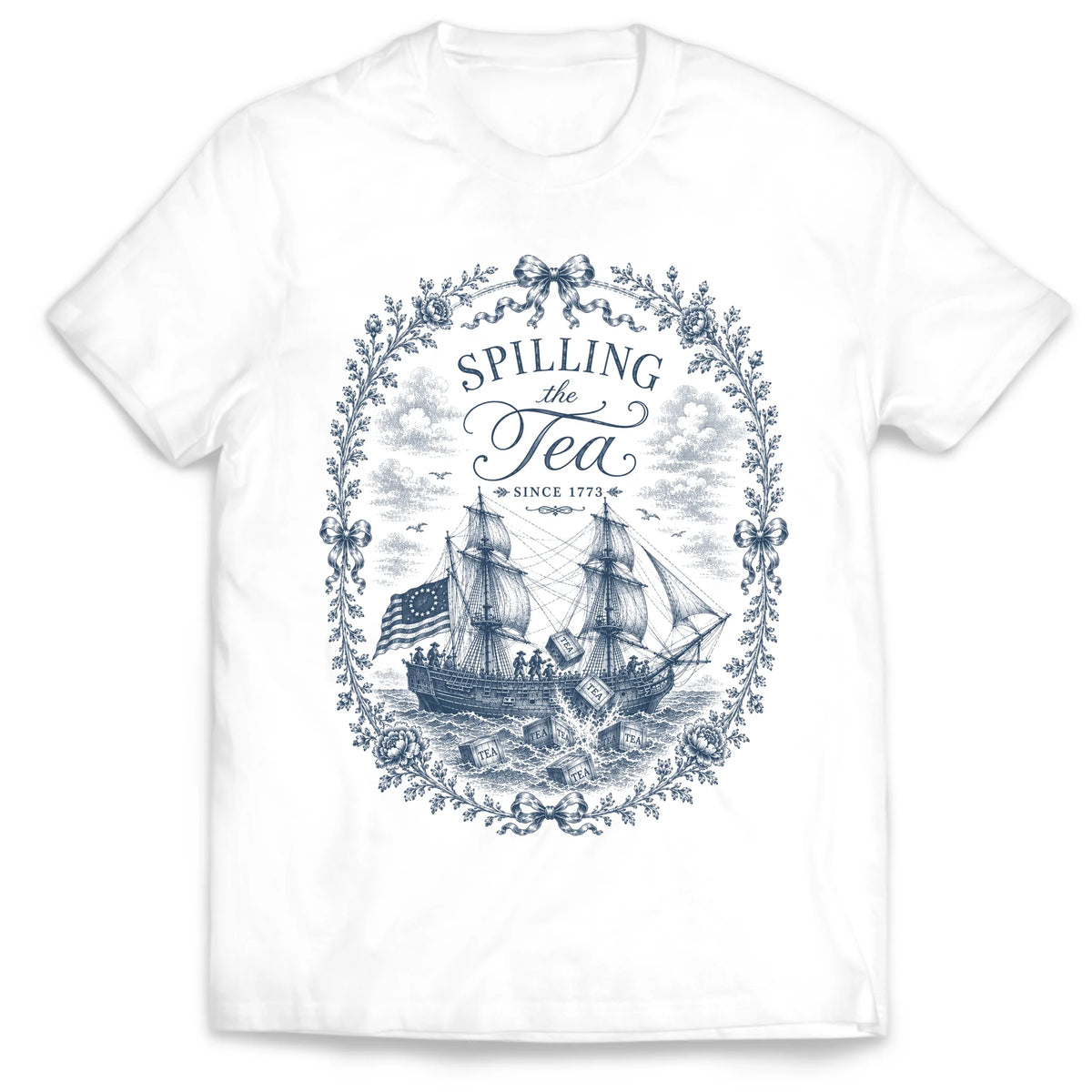 Boston Tea Party Coquette Shirt, Vintage Toile Patriotic Tee, Spilling The Tea Since 1773 Shirt, Patriotic 4th Of July Tee