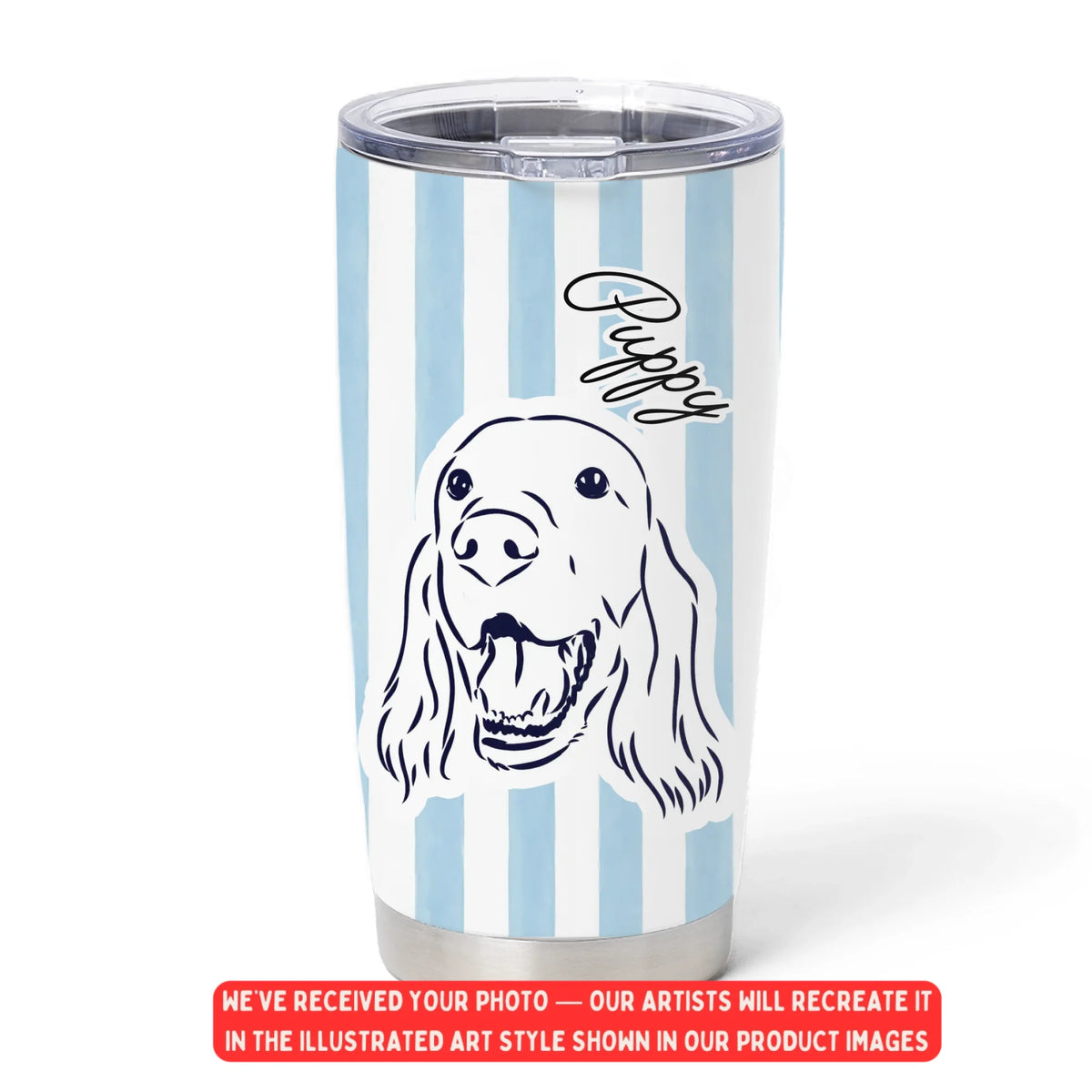 Cute Dog Portrait Line - Personalized Tumbler, Custom Pet Memorial Travel Cup, Blue Striped Dog Lover Gift