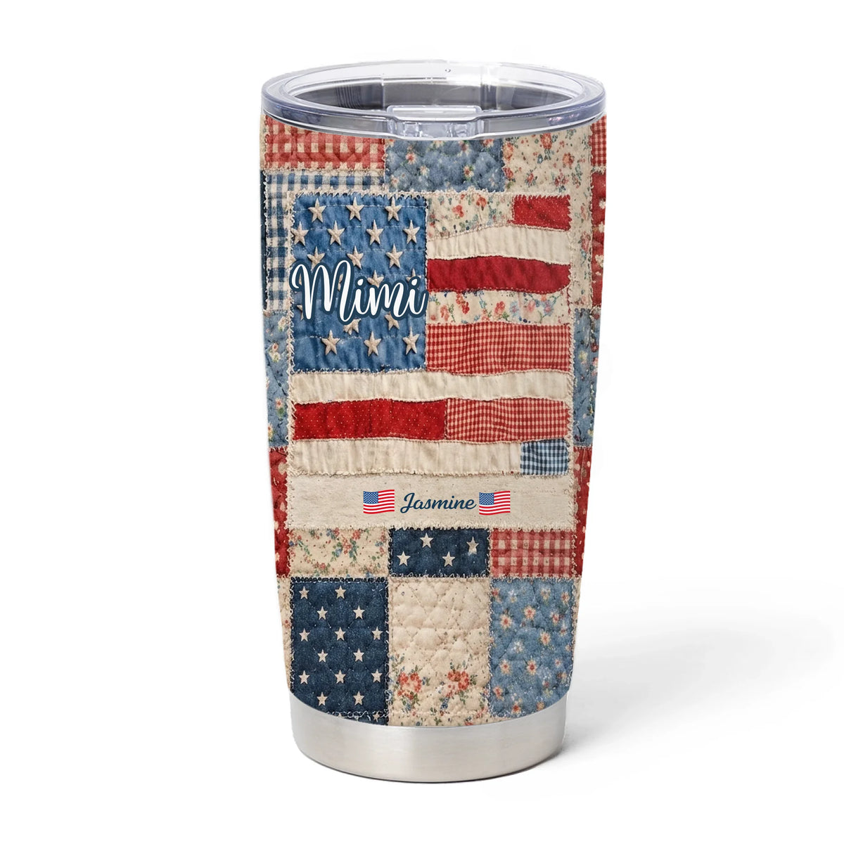 Stars, Stripes &amp; Grandkids - Personalized Tumbler, Mimi Patchwork Flag Tumbler, Custom Grandkids Names Tumbler, Patriotic Grandma Fourth Of July Gift
