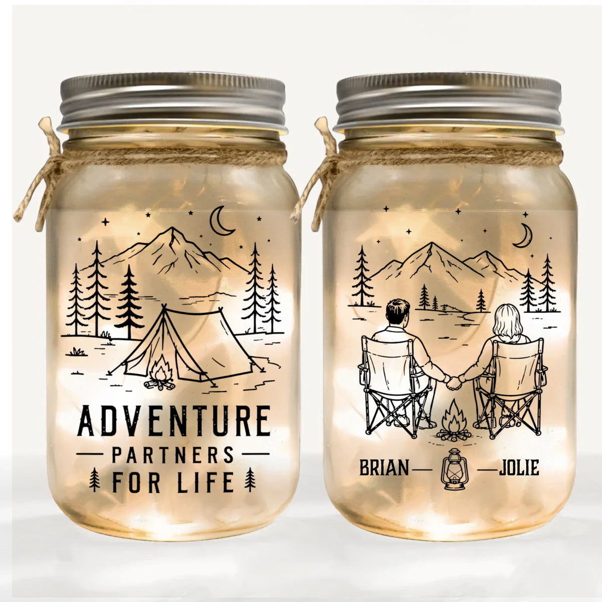 Adventure Partners For Life Camping Couple - Personalized Mason Jar Light, Hiking Couple, Anniversary Gift, Valentine's Day Gift, Wedding Gift