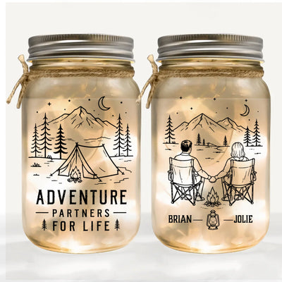 Adventure Partners For Life Camping Couple - Personalized Mason Jar Light, Hiking Couple, Anniversary Gift, Valentine's Day Gift, Wedding Gift