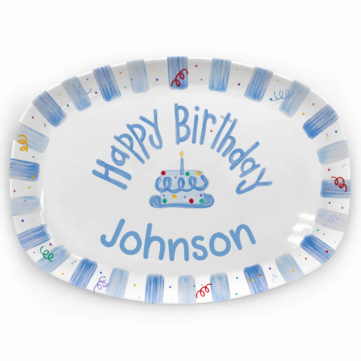 Blue Watercolor Stripes Birthday - Personalized Platter, Birthday Gift For Kid, Custom Name Birthday Plate