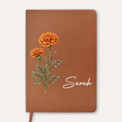 Birth Flower With Name - Personalized Leather Journal, Custom Birthday Gift Leather Notebook, Birth Month Flower Journal for Women