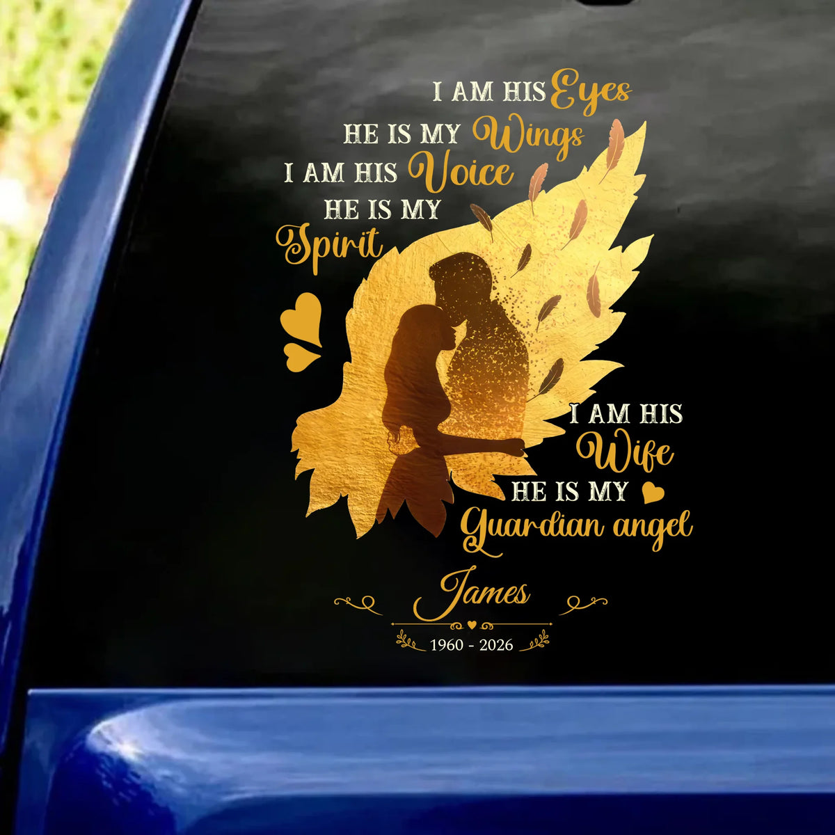 I Am His Eyes He Is My Wings - Personalized Decal, Husband in Heaven Car Decal, Custom Name and Dates Remembrance Gift for Wife