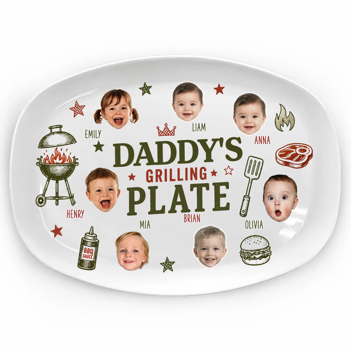 Daddy’s BBQ Crew - Personalized Platter, Daddys Grilling Plate with Photo, Custom BBQ Platter With Kids Faces