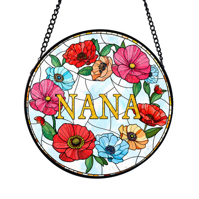 Nana's Garden Blooms With Love - Personalized Window Stained Glass, Custom Grandma Gift, Floral Window Decor, Gift From Grandkids
