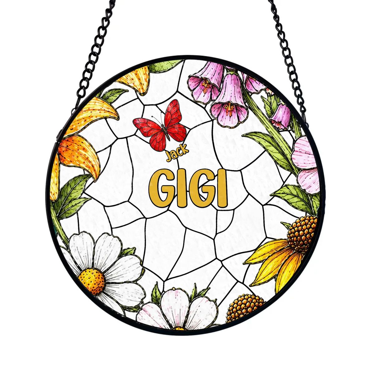 Gigi's Heart Is Full Of Flowers And Love - Personalized Window Stained Glass, Custom Grandma Gift, Floral Window Decor, Gift From Grandkids