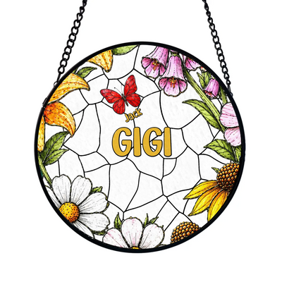 Gigi's Heart Is Full Of Flowers And Love - Personalized Window Stained Glass, Custom Grandma Gift, Floral Window Decor, Gift From Grandkids
