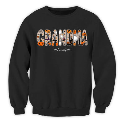 Spoiled By Grandma, Haunted By Fun - Personalized T-shirt, Custom Grandkids Names Tee, Grandma Halloween Shirt