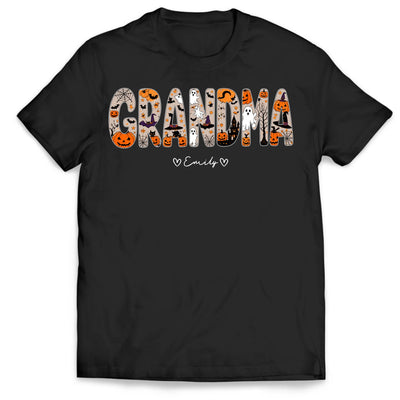 Spoiled By Grandma, Haunted By Fun - Personalized T-shirt, Custom Grandkids Names Tee, Grandma Halloween Shirt