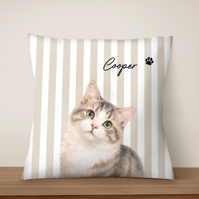 Every Couch Needs A Cute Face - Personalized Pillow, Drawing Water Color Portrait From Photo, Gift For Pet Lovers, Striped Pillow Pet Gift