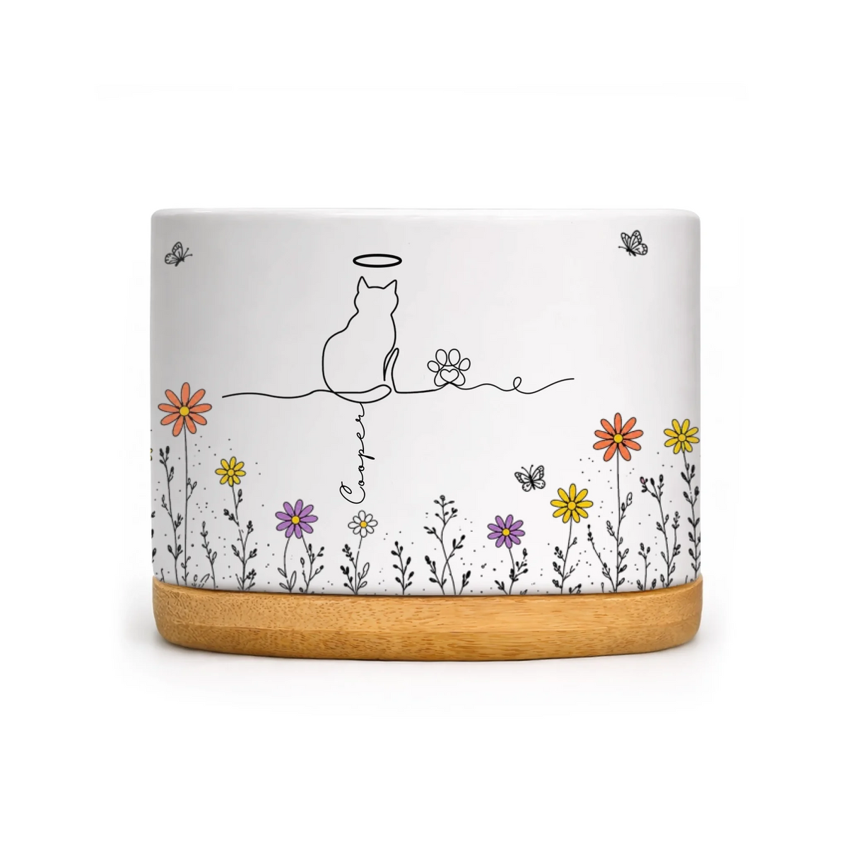 My Heart Belongs To These Cats - Personalized Plant Pot, Gift For Cat Lovers, Boho Floral Line Art Cat
