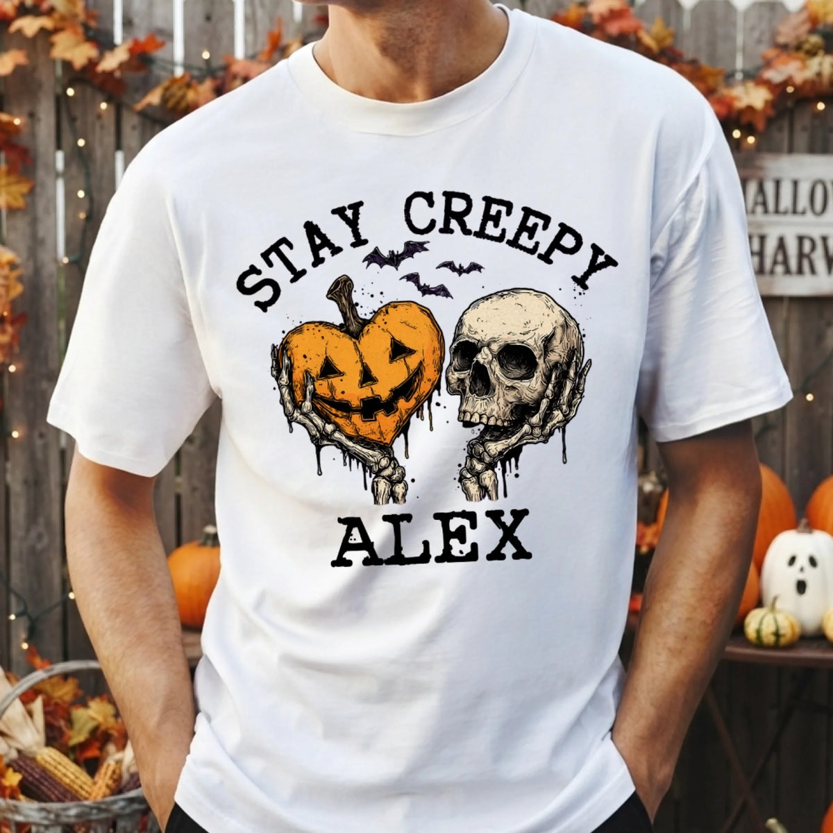 Stay Creepy, Stay Together - Personalized T-shirt, Custom Halloween Tee, Skull Pumpkin Graphic Shirt