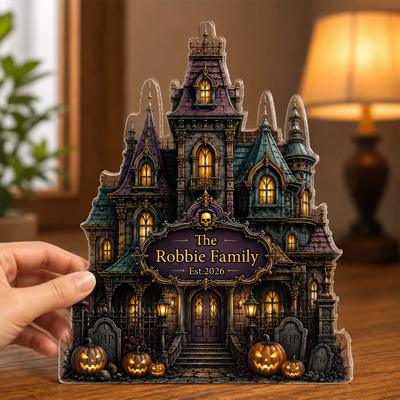 Welcome To Our Haunted Home - Personalized Acrylic Plaque, Custom Family Name Halloween Home Decor, Spooky Vibes Decoration