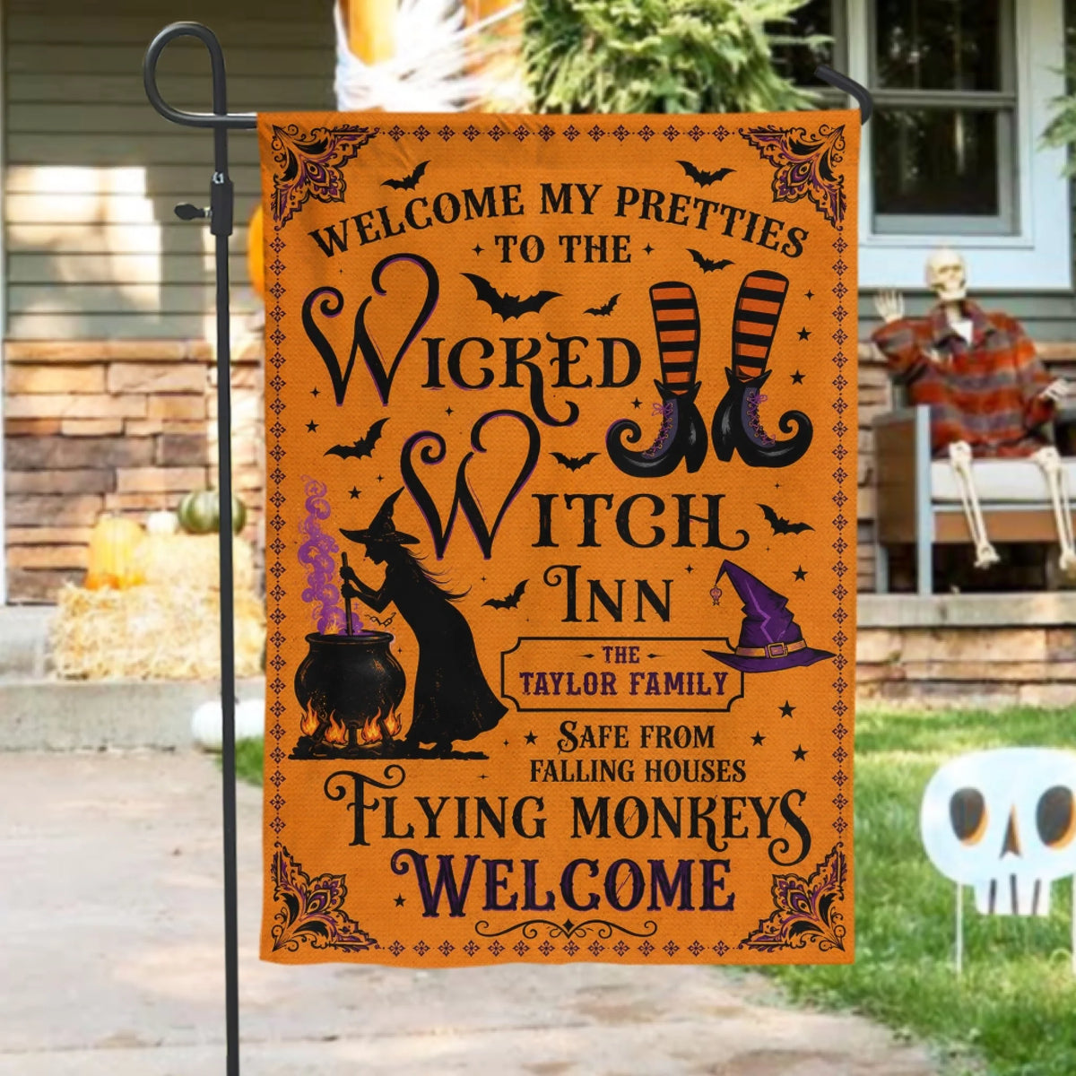 Welcome My Pretties To The Wicked Witch Inn – Personalized Garden Flag, Custom Family Name Witch Decor, Spooky Outdoor House Flag, Halloween Decor