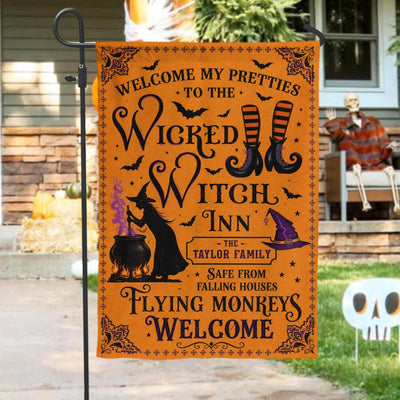 Welcome My Pretties To The Wicked Witch Inn – Personalized Garden Flag, Custom Family Name Witch Decor, Spooky Outdoor House Flag, Halloween Decor