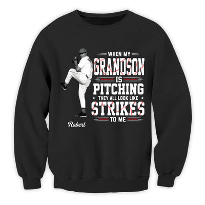 When My Grandson Pitching - Personalized T-shirt, Custom Vintage Baseball Grandma Shirt