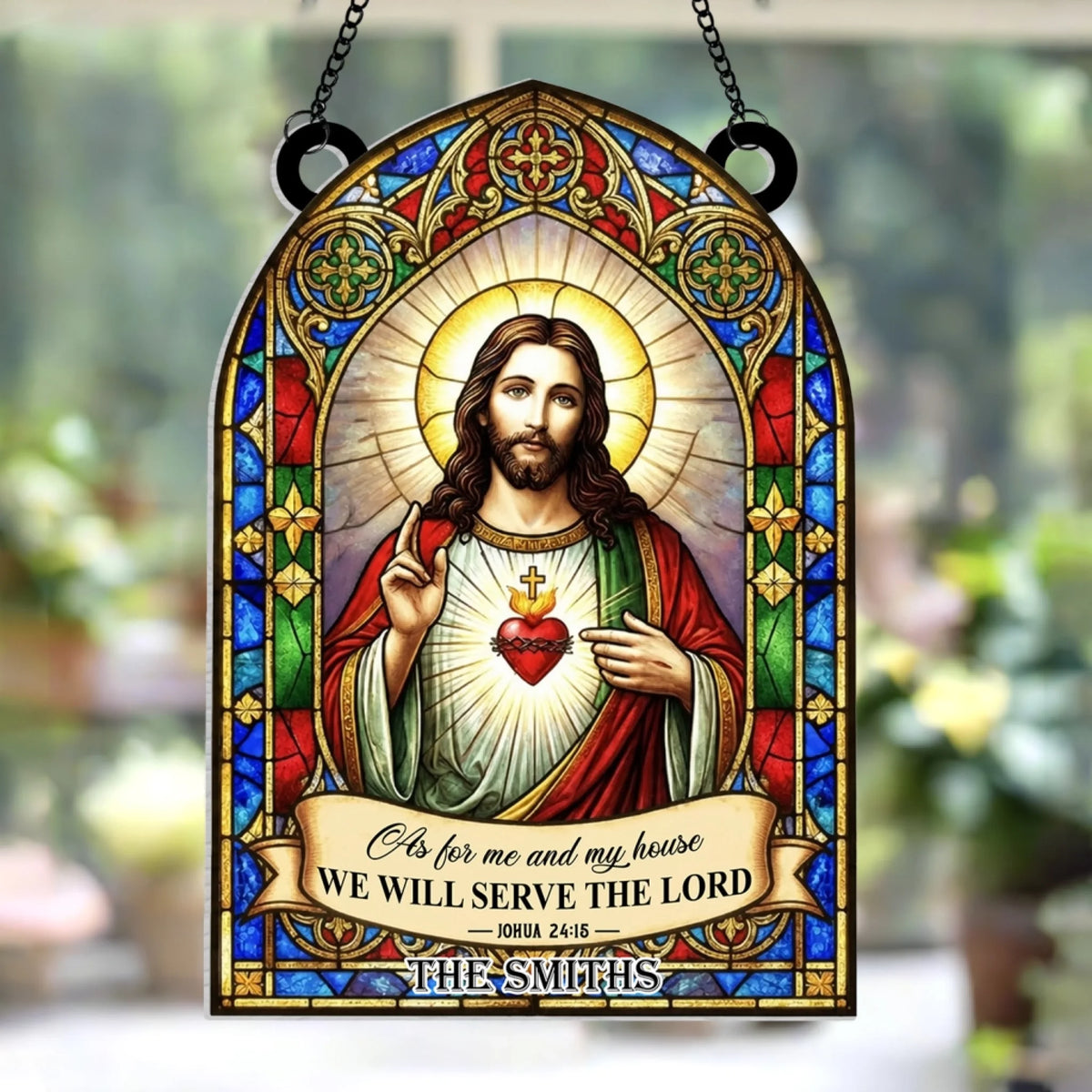 As For Me And My House We Will Serve The Lord - Sacred Heart Of Jesus Window Stained Glass, Christian Home Decor