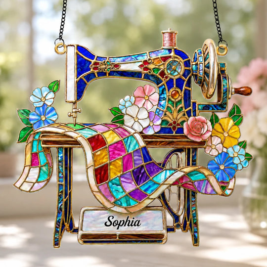 Vintage Sewing Machine Stained Glass - Personalized Window Stained Glass, Custom Name Gift for Quilter, Seamstress Decor
