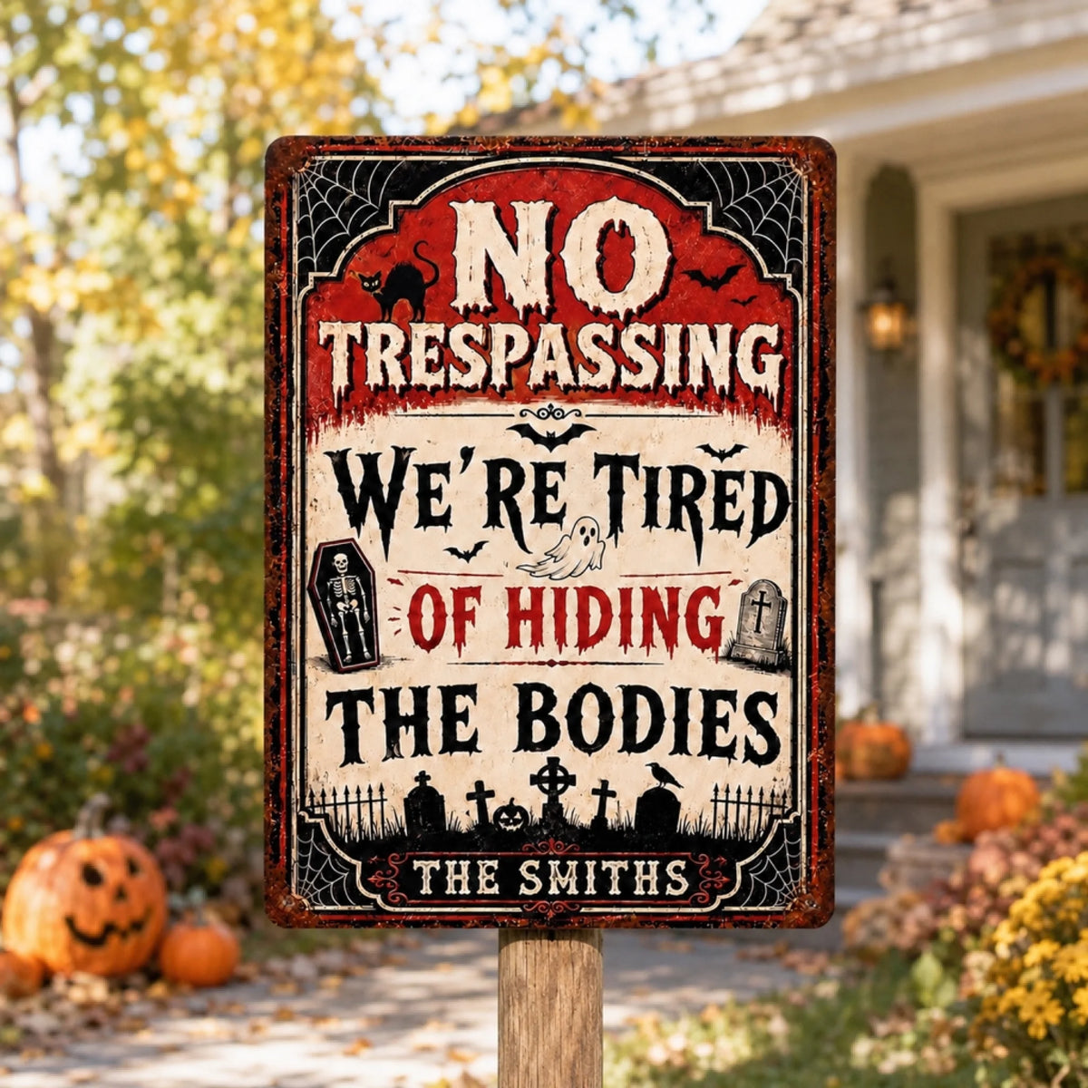 We’re Tired of Hiding the Bodies - Personalized Metal Sign, Custom Family Halloween Metal Sign, Funny Spooky Season Metal Sign