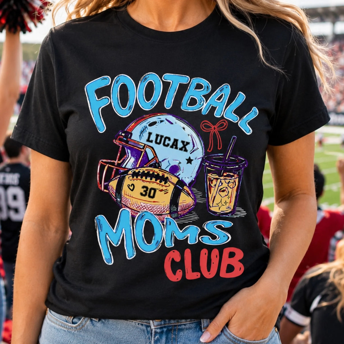 Always With My Beloved Kid - Personalized T-shirt, Custom Number 30 Retro Football Moms Club Graphic Tee