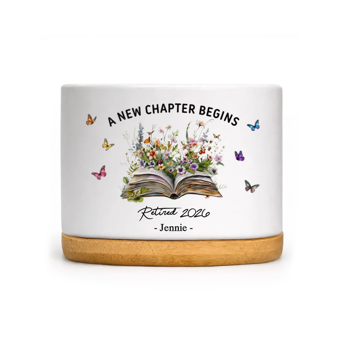 Floral Book A New Chapter Begins - Personalized Plant Pot, Retired Gift For Women, Teacher Retirement Gifts
