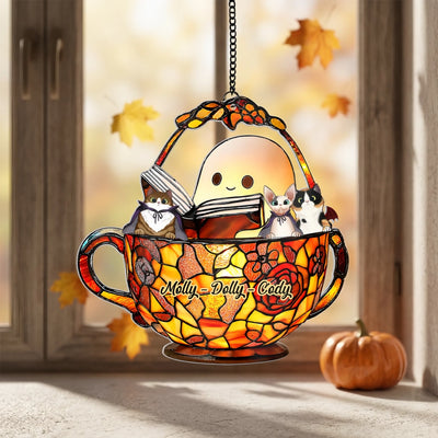Cute Ghost And Cat Sit In Teacup - Personalized Acrylic Suncatcher, Halloween Gift, Family Decor, Cat Lovers Halloween Gift