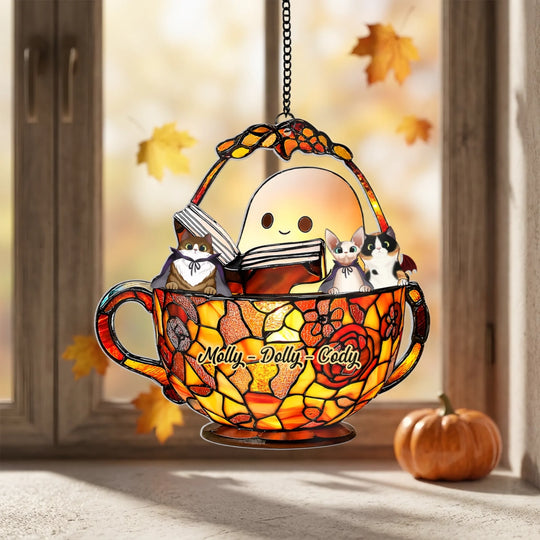 Cute Ghost And Cat Sit In Teacup - Personalized Acrylic Suncatcher, Halloween Gift, Family Decor, Cat Lovers Halloween Gift