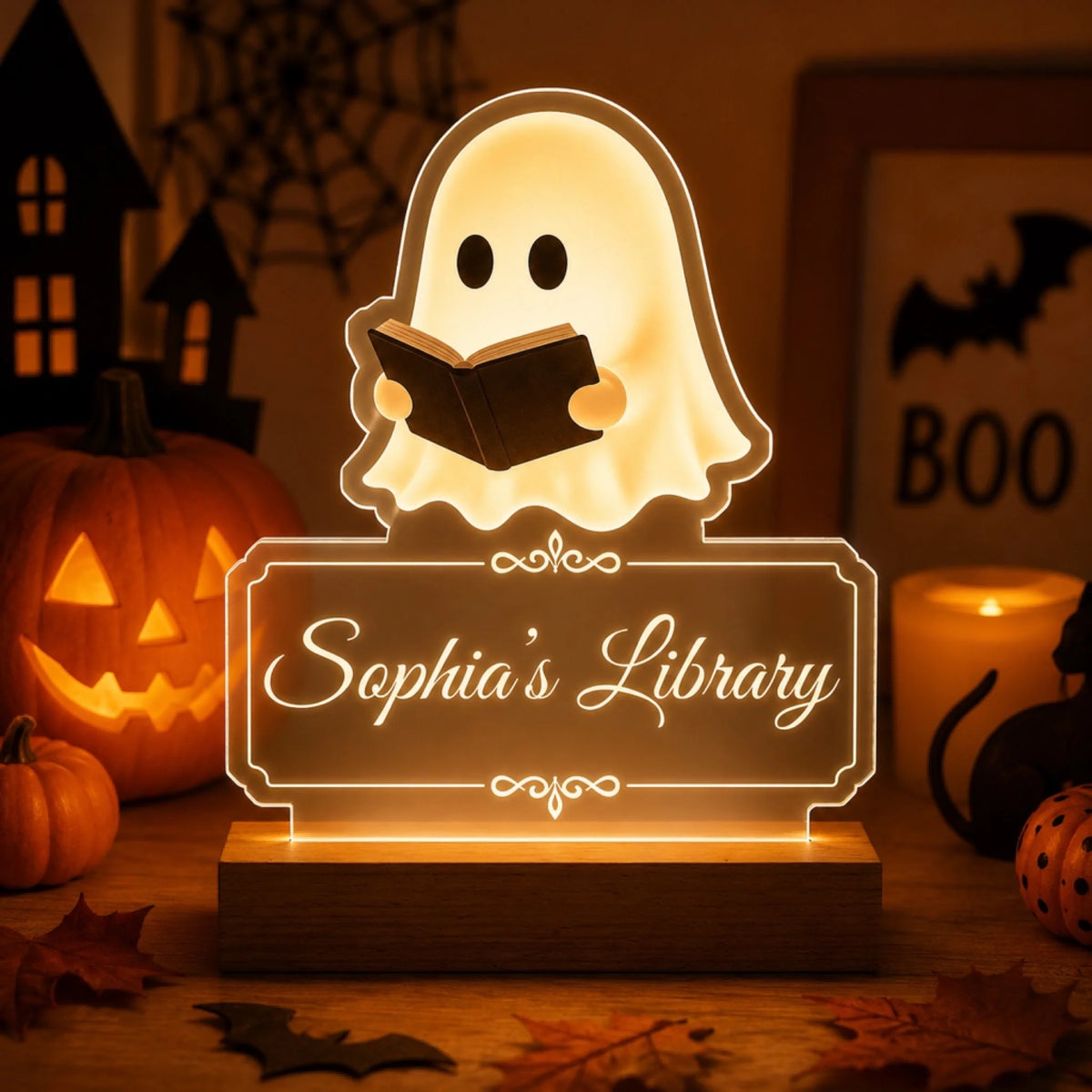 Welcome to My Haunted Library - Personalized Acrylic Night Light, Ghost Reading Lamp, Halloween Book Nook Decor