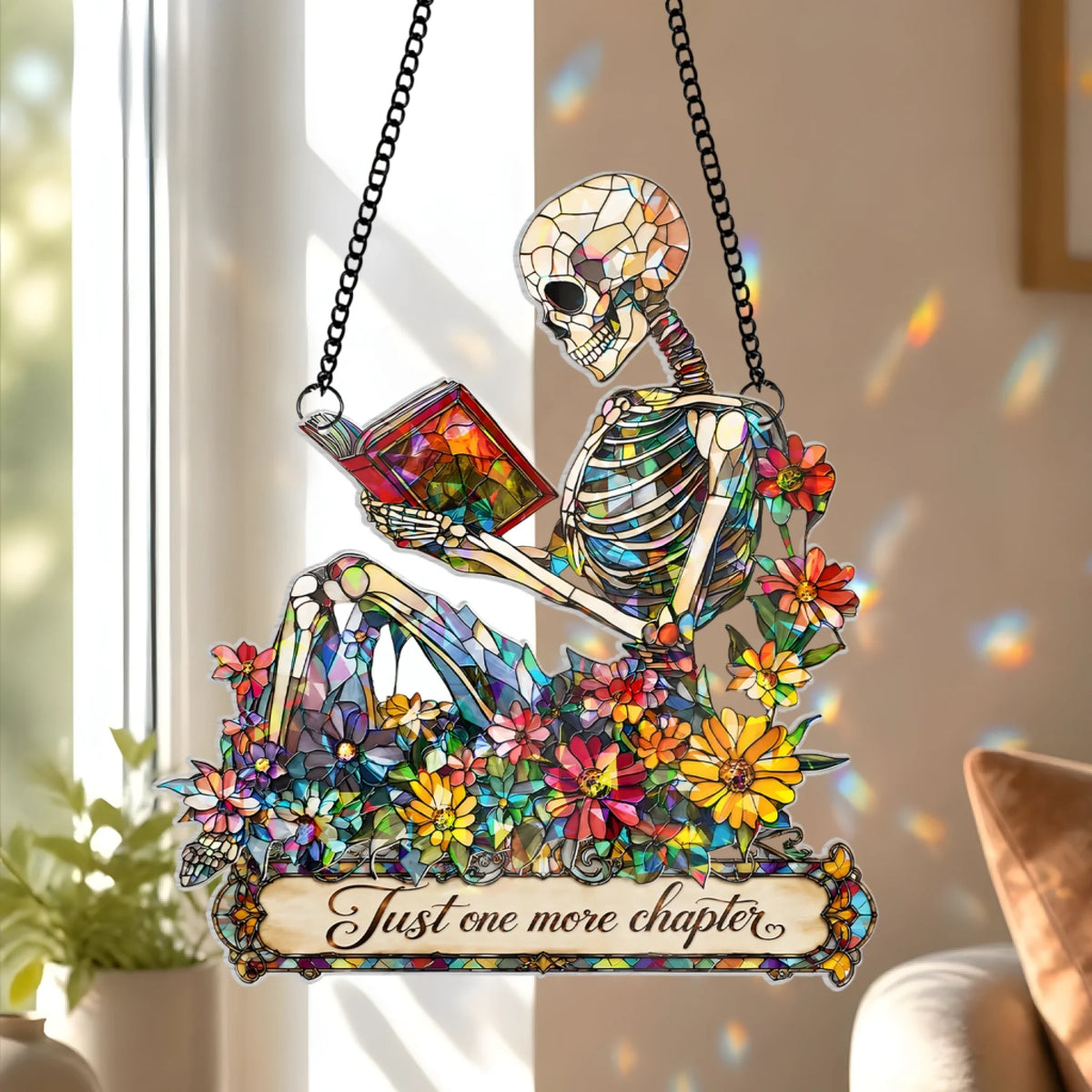 Just One More Chapter- Personalized Skeleton  Acrylic Suncatcher , Custom Skeleton Reading Suncatcher,  Book Lover Decor, Halloween Suncatcher Decor