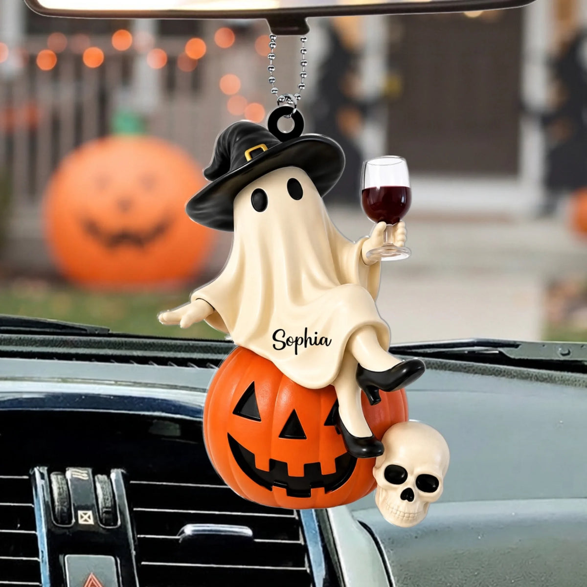 Ghost Witch Wine Statue- Personalized Acrylic Car Hanger,  Halloween Pumpkin Skull Car Decor