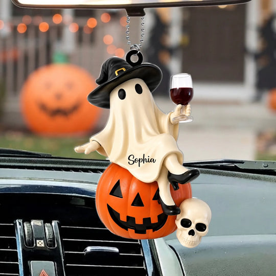 Ghost Witch Wine Statue- Personalized Acrylic Car Hanger,  Halloween Pumpkin Skull Car Decor
