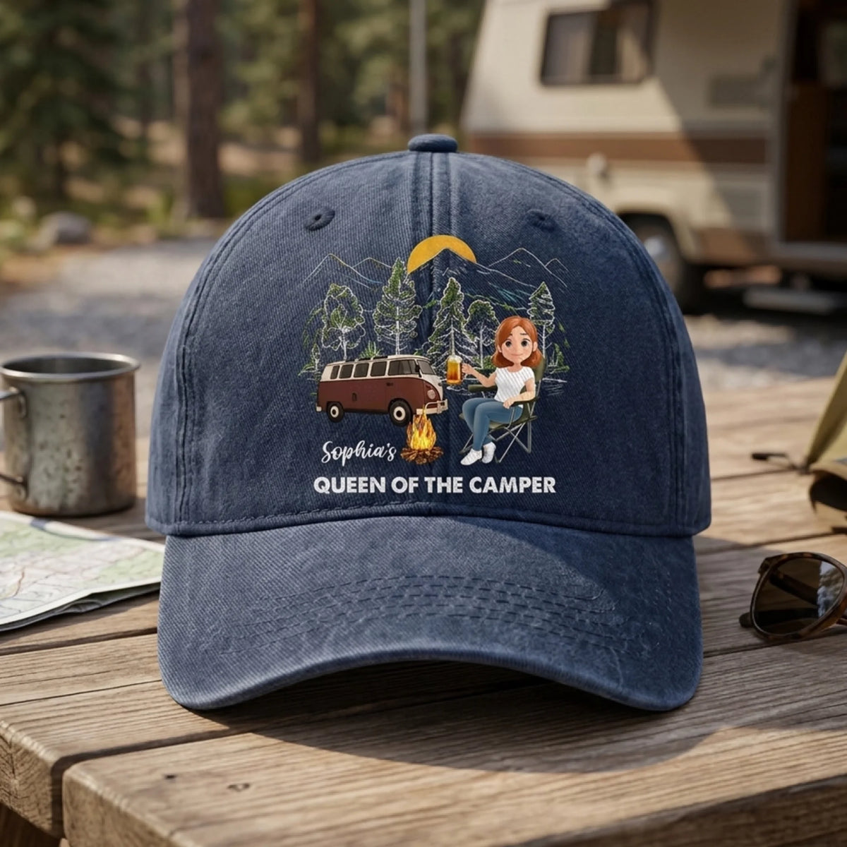 Queen Of The Camper - Personalized Washed Denim Cap, Custom Happy Camper Cap, Gift For Camping Lovers