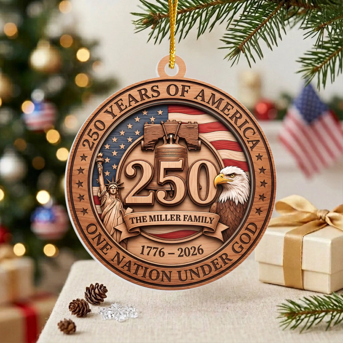One Nation Under God - Personalized Ornament, Custom America 250 Patriotic Family Keepsake Ornament