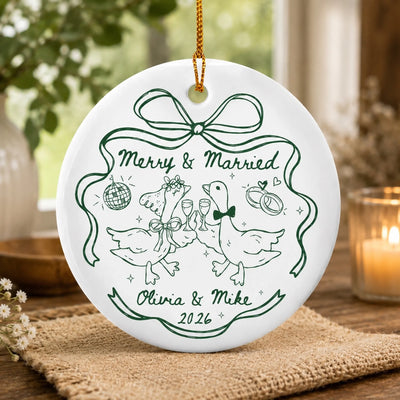 Merry And Married- Personalized Round Ceramic Ornament, Custom First Christmas Married Ornament, Personalized Wedding Keepsake, Christmas Gift For Newlywed