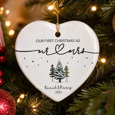 Our First Christmas As Mr & Mrs - Personalized Heart Ceramic Ornament, Custom Name First Christmas Keepsake, Our 1st Christmas Mr & Mrs Ornament