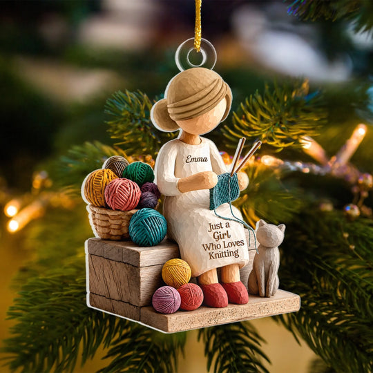 Just A Girl Who Loves Knitting - Personalized Acrylic Ornament, Personalized Christmas Keepsake, Unique Yarn Lover Gift, Cozy Handmade Holiday Decor