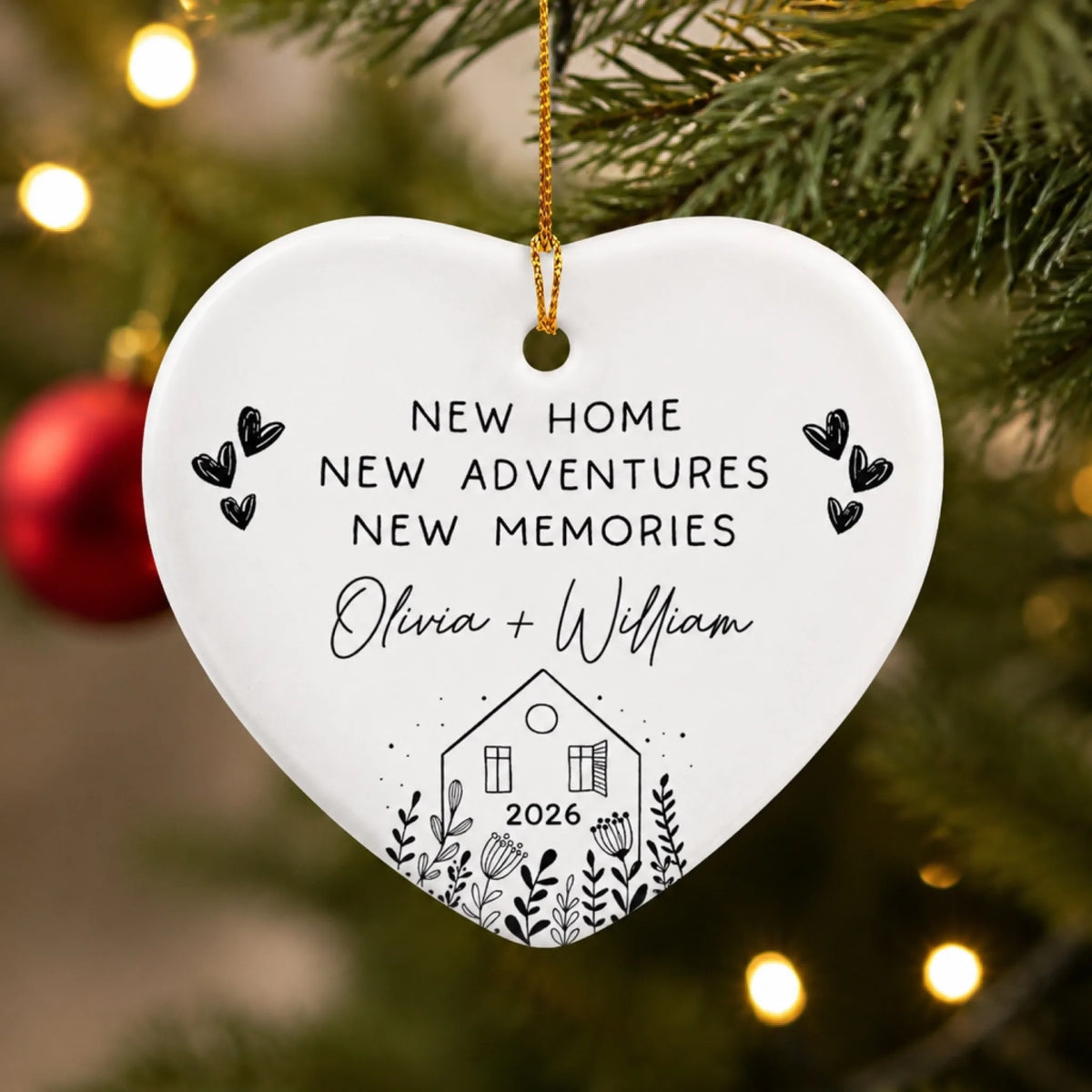 New Home New Adventures New Memories – Personalized Heart Ceramic Ornament, Couple Housewarming Gift Keepsake, Home Decor Gift