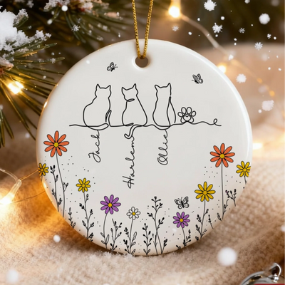 My Heart Belongs To These Cats - Personalized Ceramic Ornament, Gift For Cat Lovers, Boho Floral Line Art Cat